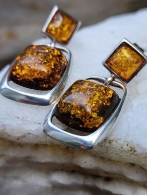 VINTAGE AMBER DROP DANGLE LONG EARRINGS 925 STERLING SILVER